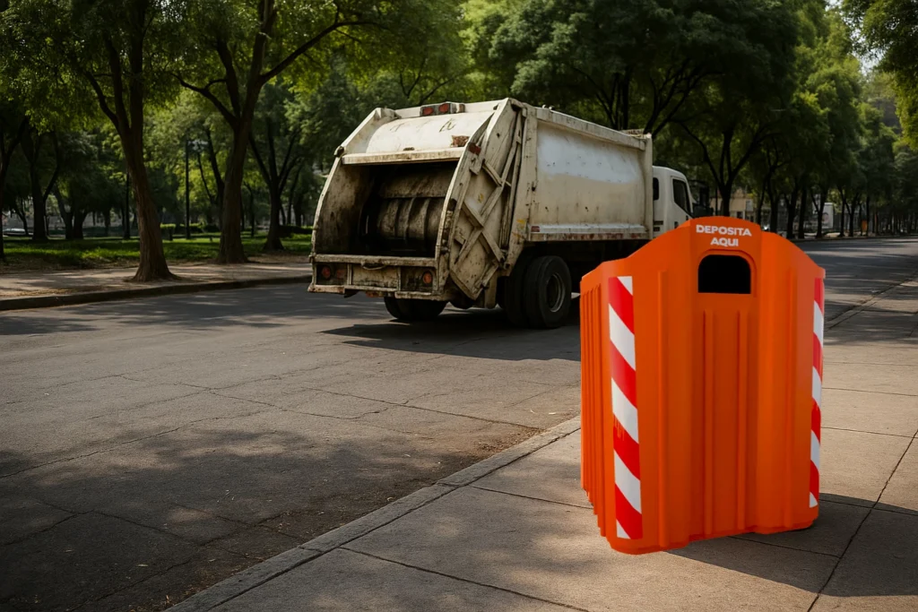 Contenedor naranja de isla de reciclaje para recolección general de residuos, ubicado en vía pública junto a camión de basura.