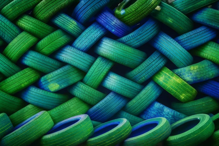 Llantas recicladas pintadas en tonos verdes y azules, símbolo creativo del reciclaje de llantas y su impacto positivo en el medio ambiente.