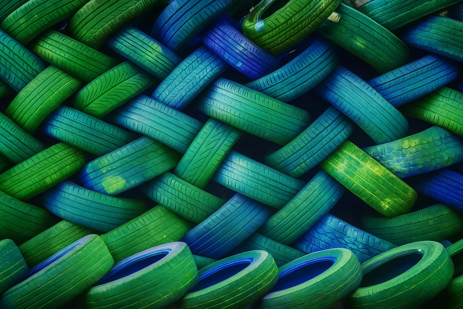 Llantas recicladas pintadas en tonos verdes y azules, símbolo creativo del reciclaje de llantas y su impacto positivo en el medio ambiente.