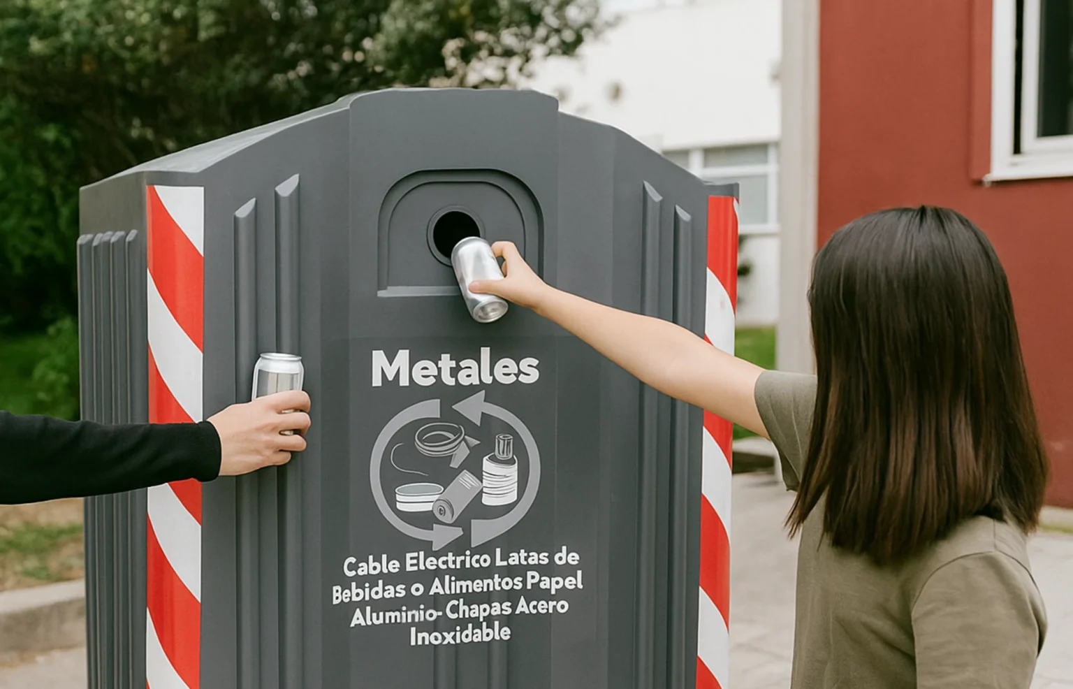 Personas depositando latas en un contenedor para el reciclaje del aluminio en la ciudad.