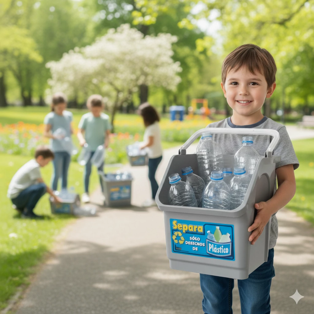 Niños participando en reciclaje con canastillas para separar plásticos Reciclaje para niños Modelo circular Reciclaje Aprender a reciclar