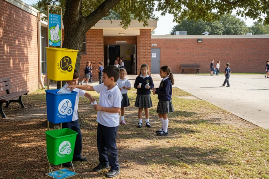 Niños participando en programa de reciclaje escolar con estación de contenedores por color.