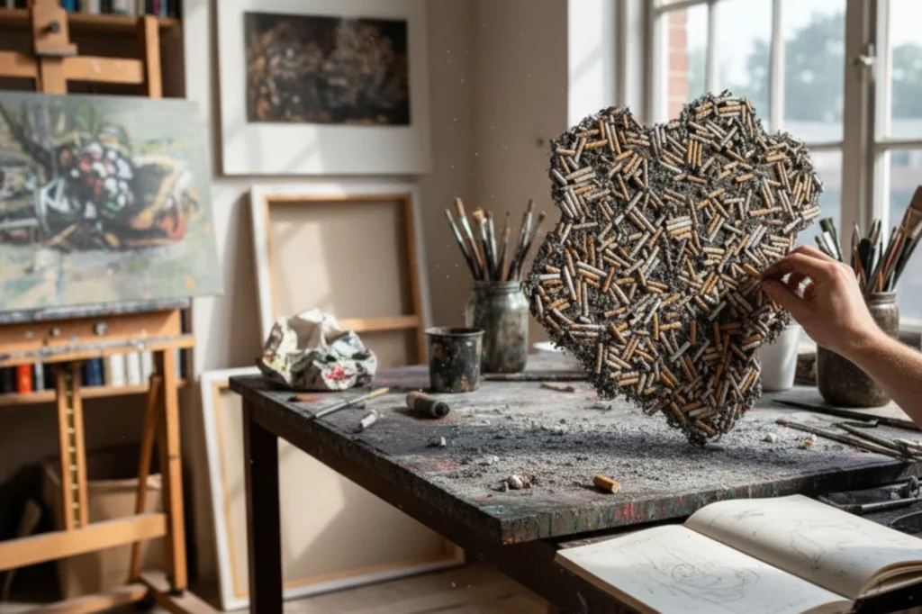Obra de arte reciclado creada con colillas de cigarro en un estudio artístico, ejemplo de transformación creativa de residuos.
