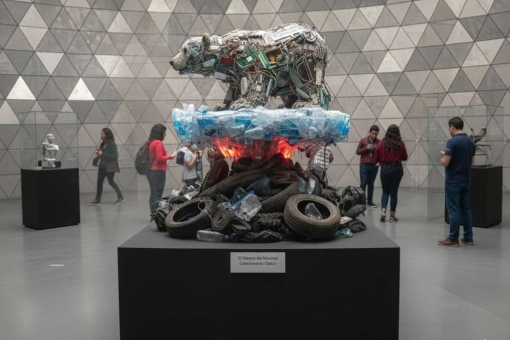 Escultura de arte reciclado que representa el impacto del calentamiento global, elaborada con plásticos, neumáticos y materiales electrónicos.