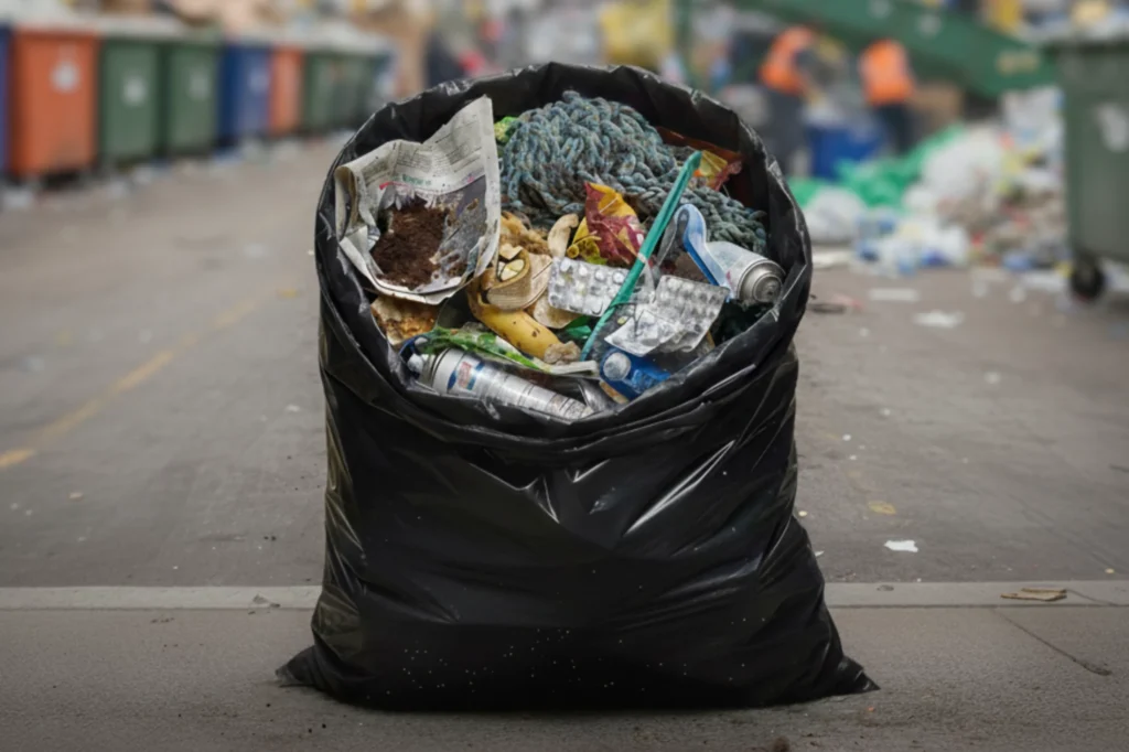 Bolsa plástica para residuos llena con diferentes tipos de desechos, representando el uso común de las bolsas negras para basura.