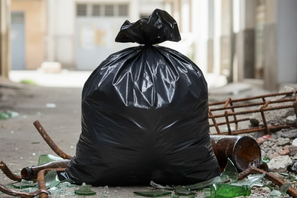 Bolsa negra para basura colocada en un área urbana, mostrando su resistencia y capacidad para contener desechos de manera segura.