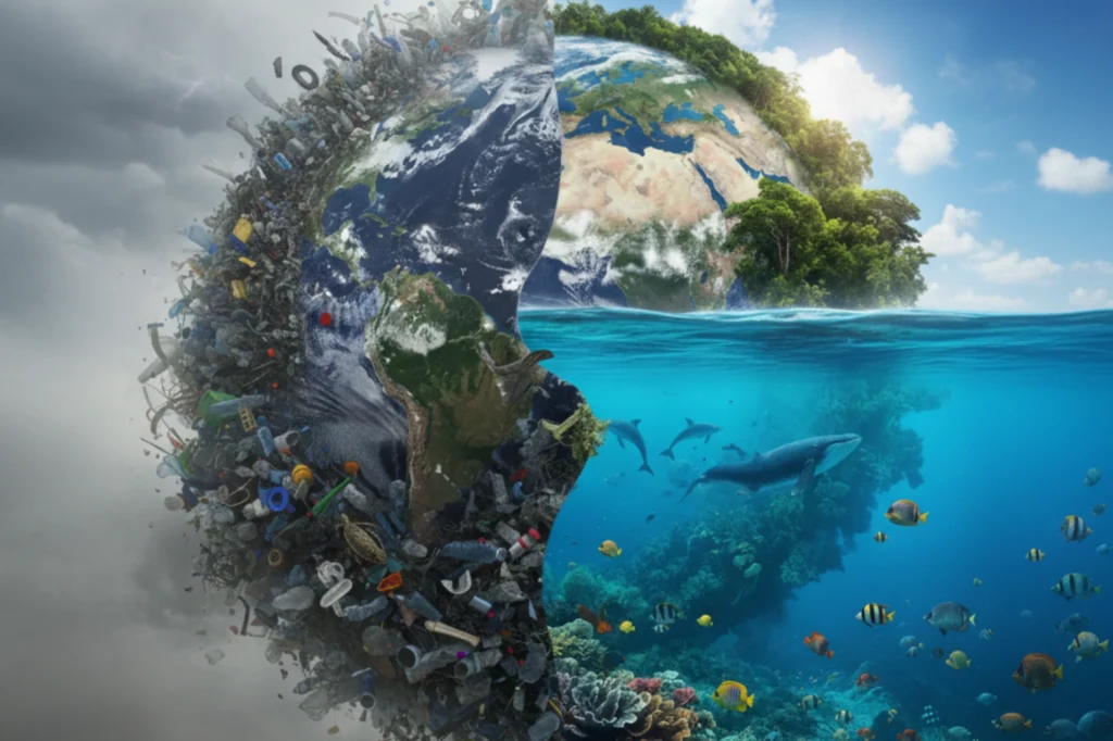 Representación visual del contraste entre la contaminación por residuos y un planeta limpio gracias al cuidado ambiental.