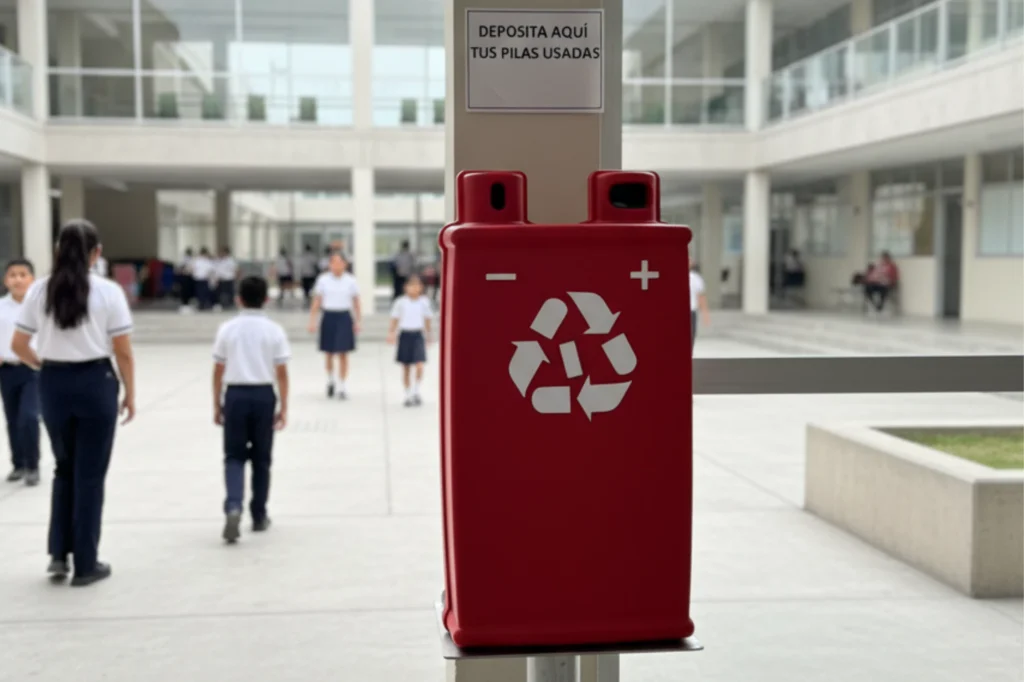 Contenedor de pilas ubicado en una escuela para promover la recolección responsable entre estudiantes.
