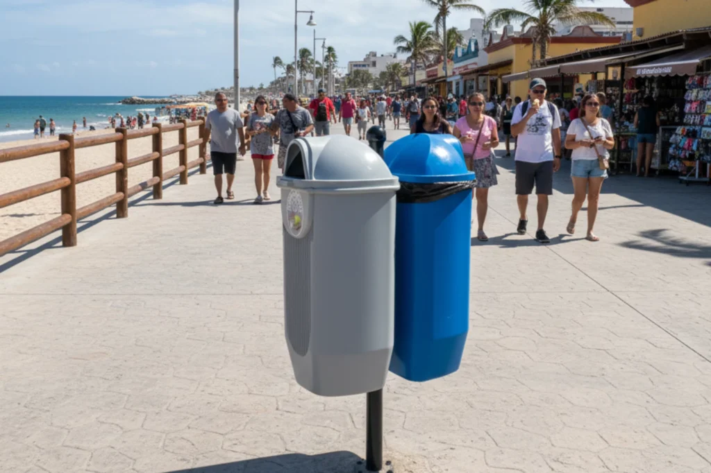 Contenedores en zonas turísticas ubicados en el malecón de una playa mexicana para mantener limpia el área costera.