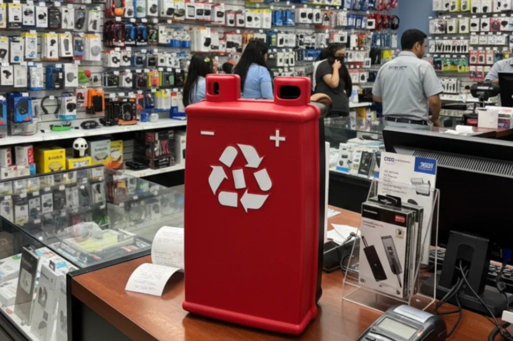 Punto de acopio instalado en una tienda de electrónica para reunir baterías usadas de forma segura.