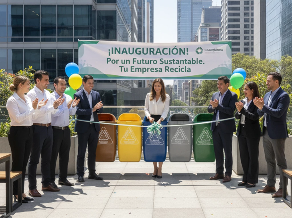 Separación de residuos en oficinas con contenedores de colores para reciclaje y gestión ambiental en empresas.