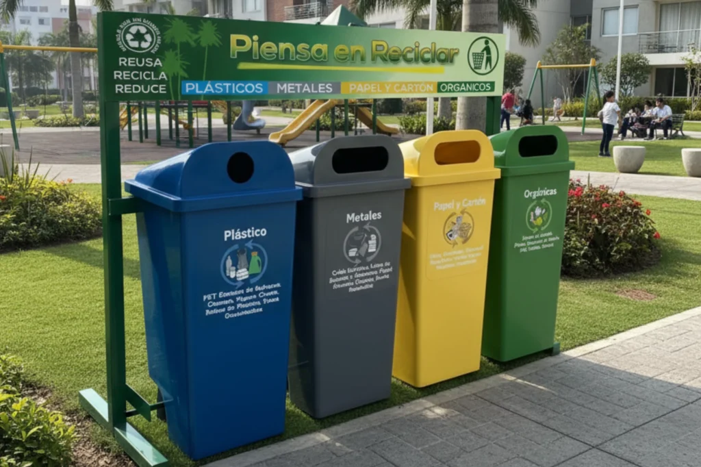 Estación de separación de residuos en un entorno exterior ajardinado, con botes de reciclaje para plásticos, metales, papel y cartón, y orgánicos.