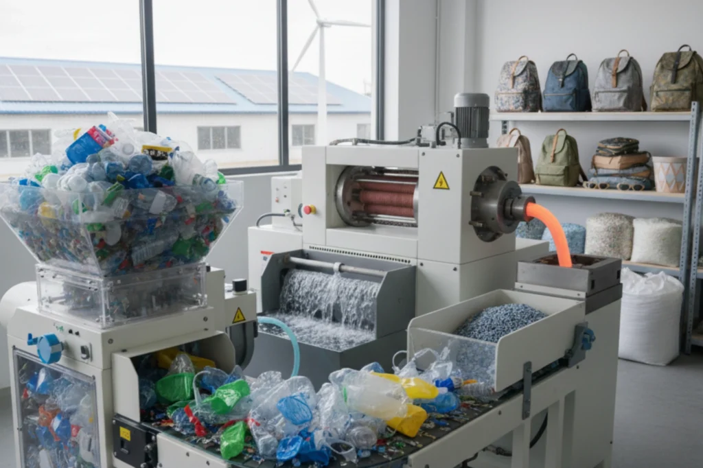 Máquina industrial procesando envases para el reciclaje del plástico en una planta sustentable con energía solar.