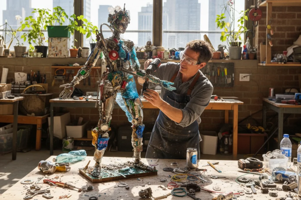 Artista trabajando en una escultura de arte reciclado humanoide construida con metal, plástico y piezas reutilizadas en su taller.