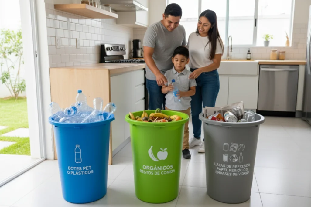 Familia enseñando a su hijo sobre el reciclaje en casa y la correcta separación de residuos.