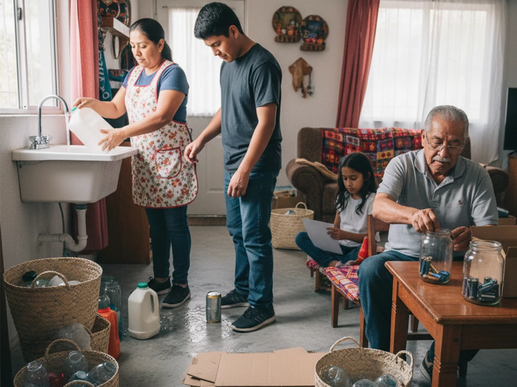 Familia mexicana aplicando la separación de residuos en casa como parte del reciclaje doméstico.