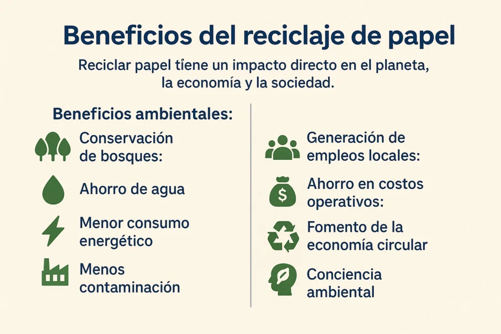 Infografía sobre los beneficios ambientales, económicos y sociales del reciclaje destacando la conservación de bosques y la reutilización de materiales reciclables.