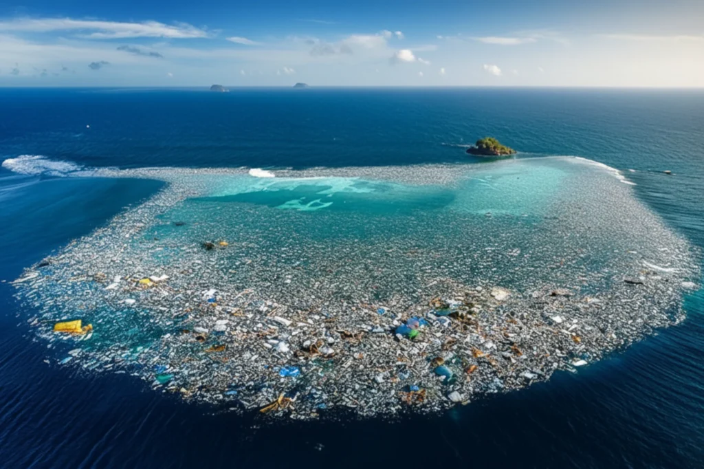 Vista aérea del océano Pacífico cubierto por residuos plásticos que evidencian la necesidad del reciclaje del plástico. Isla de la basura