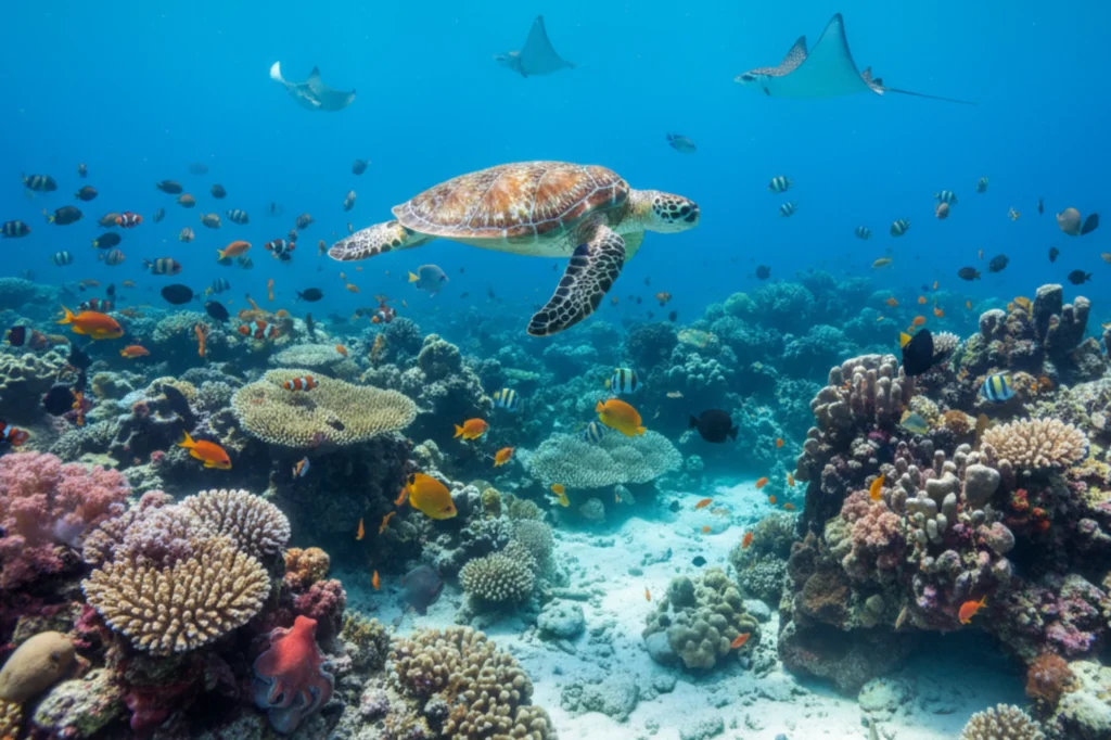 Ecosistema marino libre de contaminación que representa los beneficios del reciclaje y la correcta gestión de los residuos plásticos.