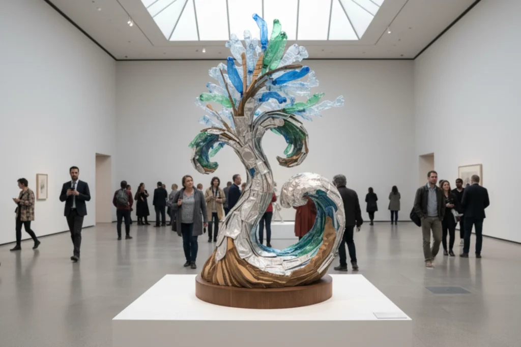 Instalación artística con materiales reutilizables que simula una ola de vidrio y metal, exhibida en una galería moderna.