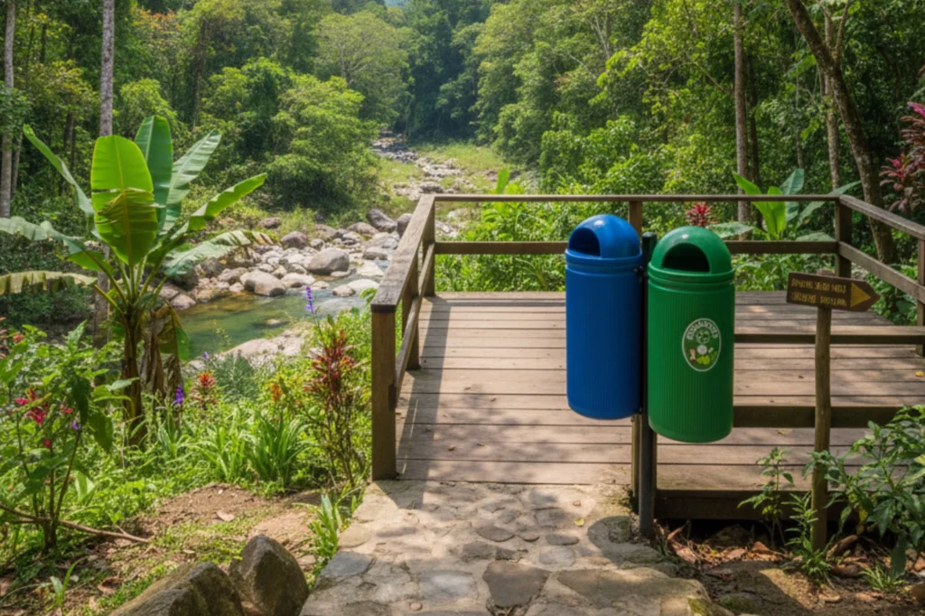 Puntos de reciclaje en áreas naturales protegidas que ayudan a conservar el paisaje y reducir los residuos.