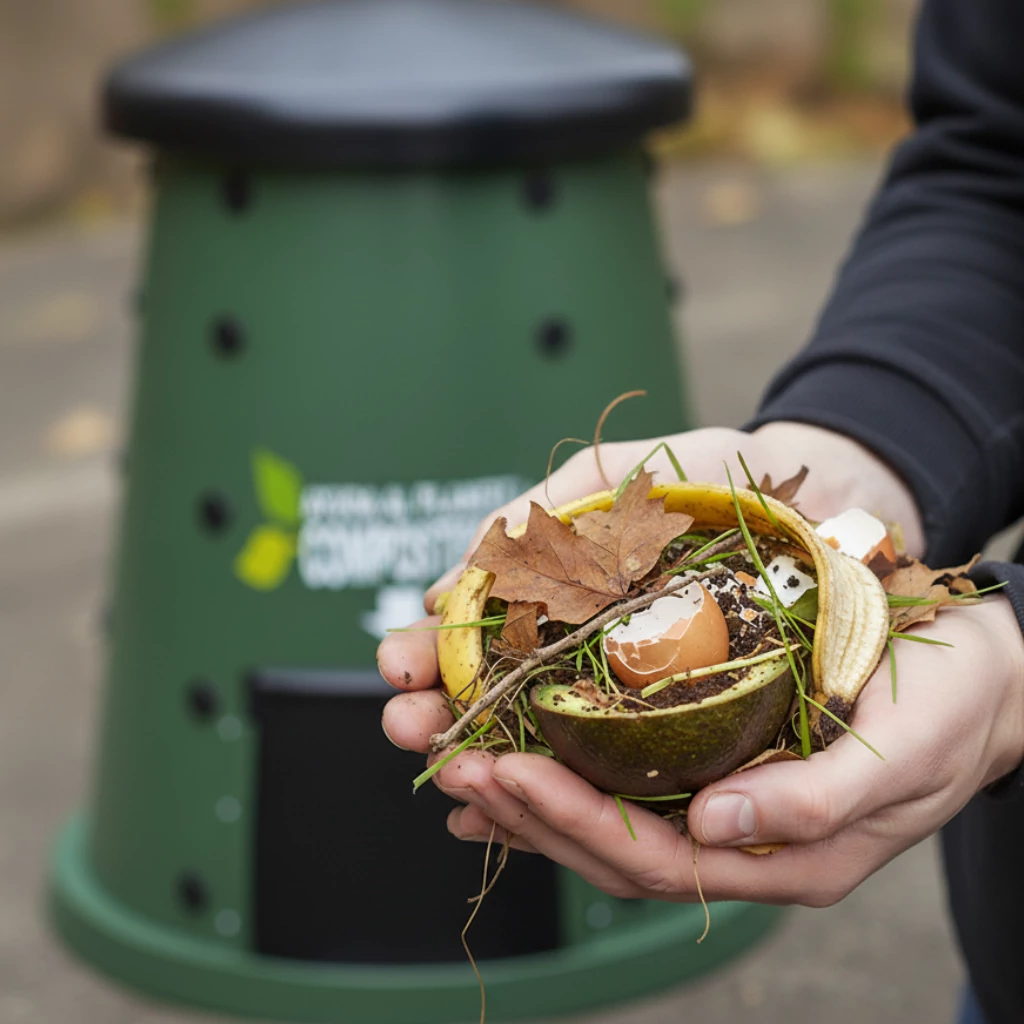 Manos sosteniendo abono orgánico elaborado a partir de residuos vegetales y cáscaras biodegradables.
