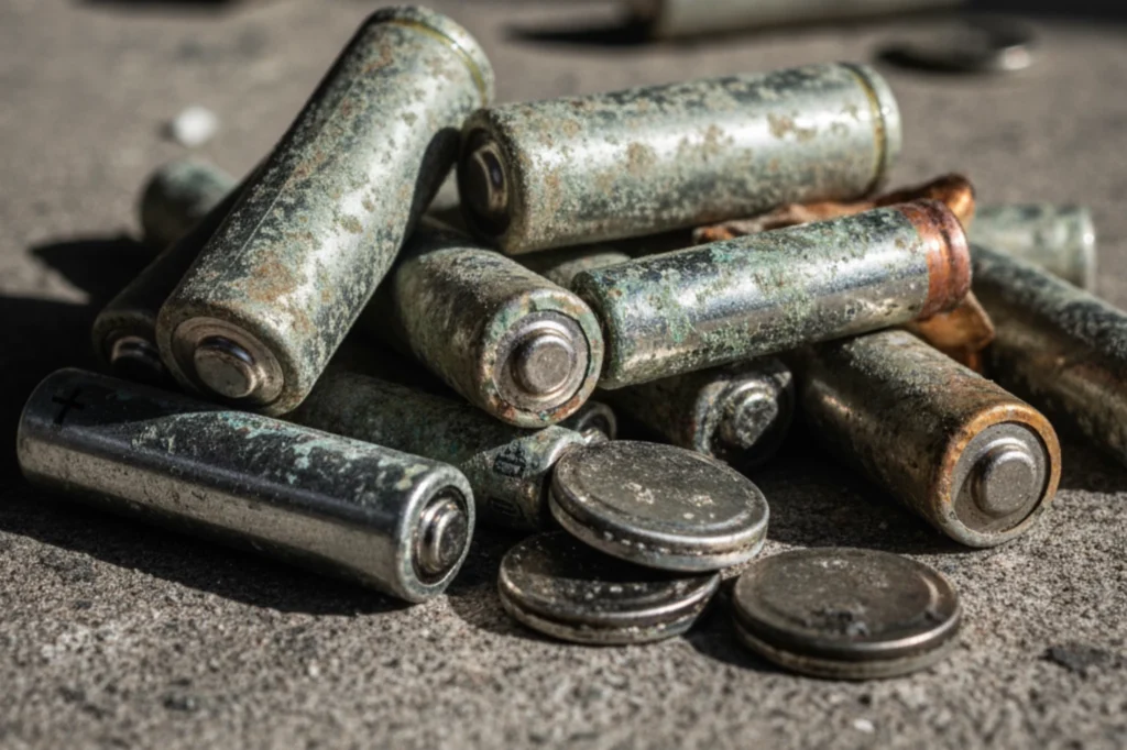 Baterías oxidadas sobre el suelo que muestran los efectos de la contaminación cuando no se dispone de un sistema de recolección adecuado.