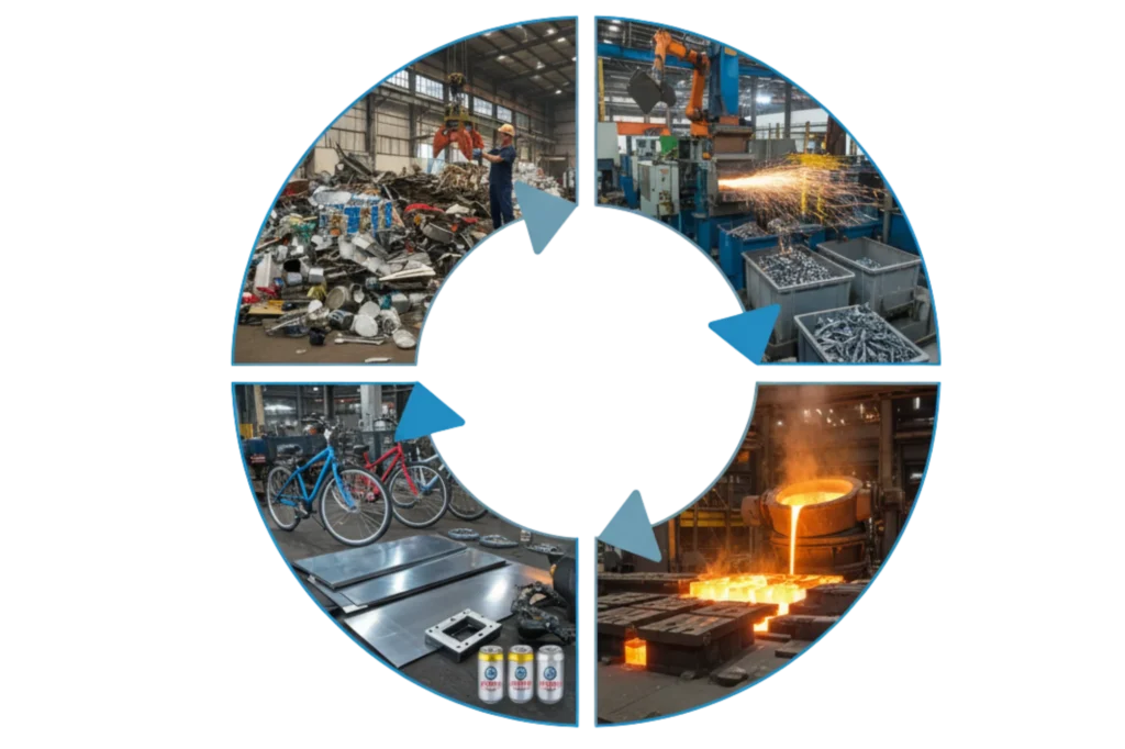 Ciclo industrial del reaprovechamiento de metales mostrando fundición y transformación del material.