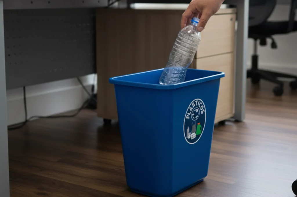 Persona depositando una botella de PET en bote azul, práctica responsable en área de trabajo