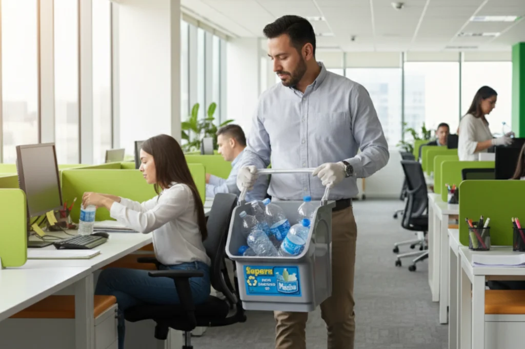 Reciclaje en oficinas donde empleados participan en la separación de residuos y cuidado ambiental