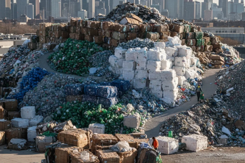 Montañas de materiales clasificados en una planta industrial que muestran las ventajas del reciclaje y la recuperación de recursos.