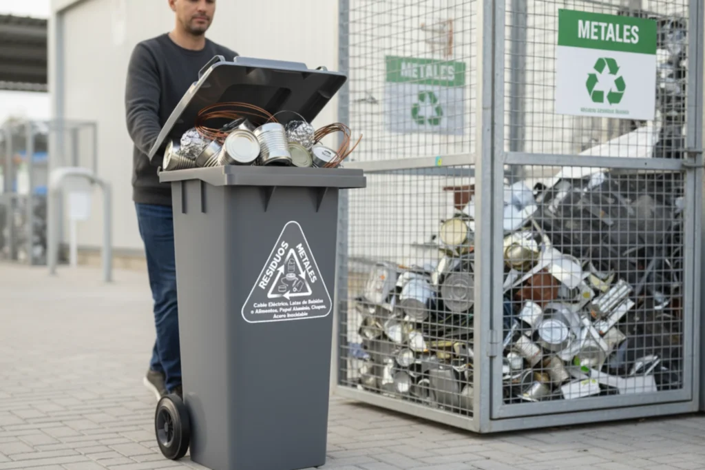 Operario trasladando contenedor gris lleno de residuos de metal reciclado hacia área de acopio.