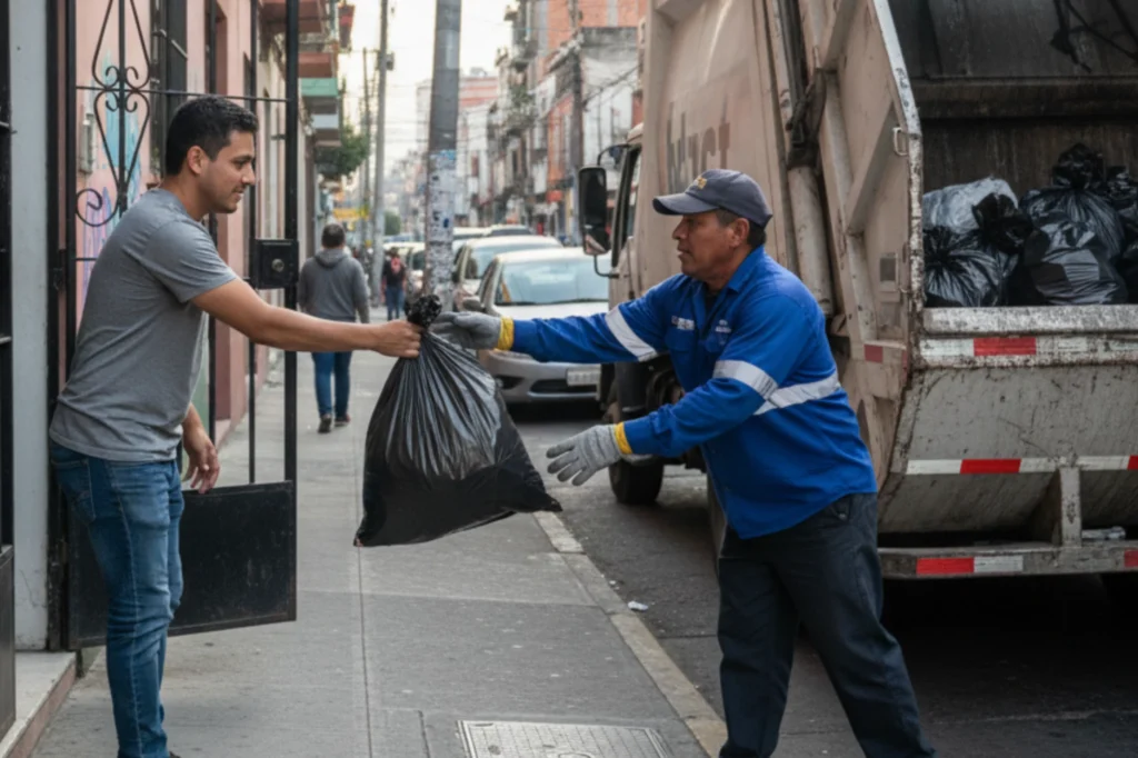 Residente entregando una bolsa negra para basura a un recolector en la Ciudad de México, escena típica de la recolección diaria.