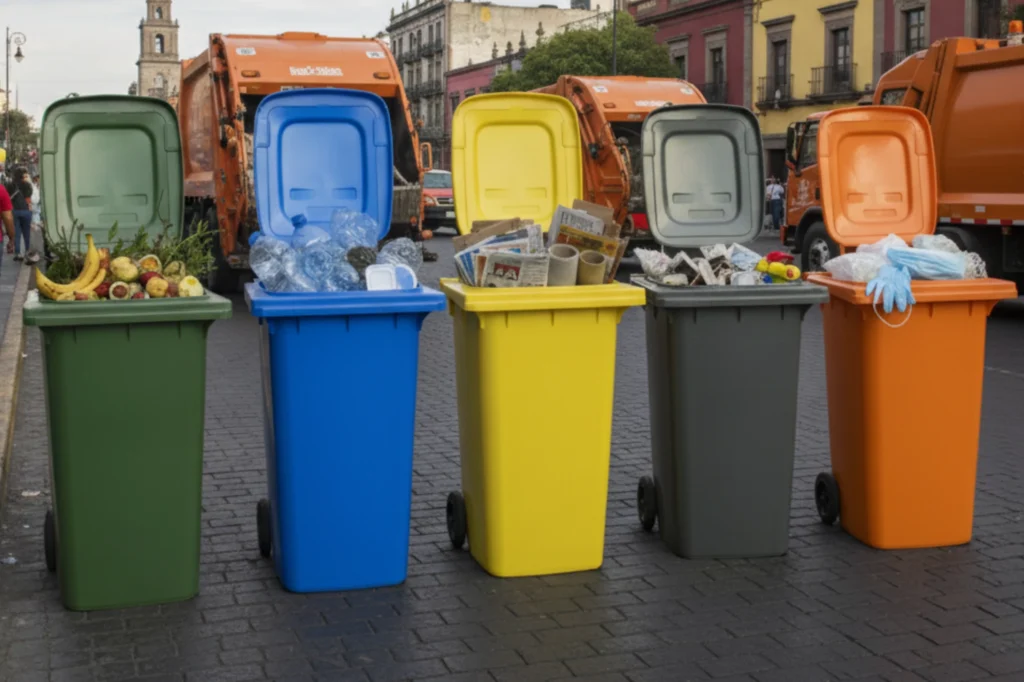 Contenedores móviles de reciclaje en vía pública con diferentes colores, utilizados para clasificar residuos orgánicos, inorgánicos, papel, plásticos y sanitarios