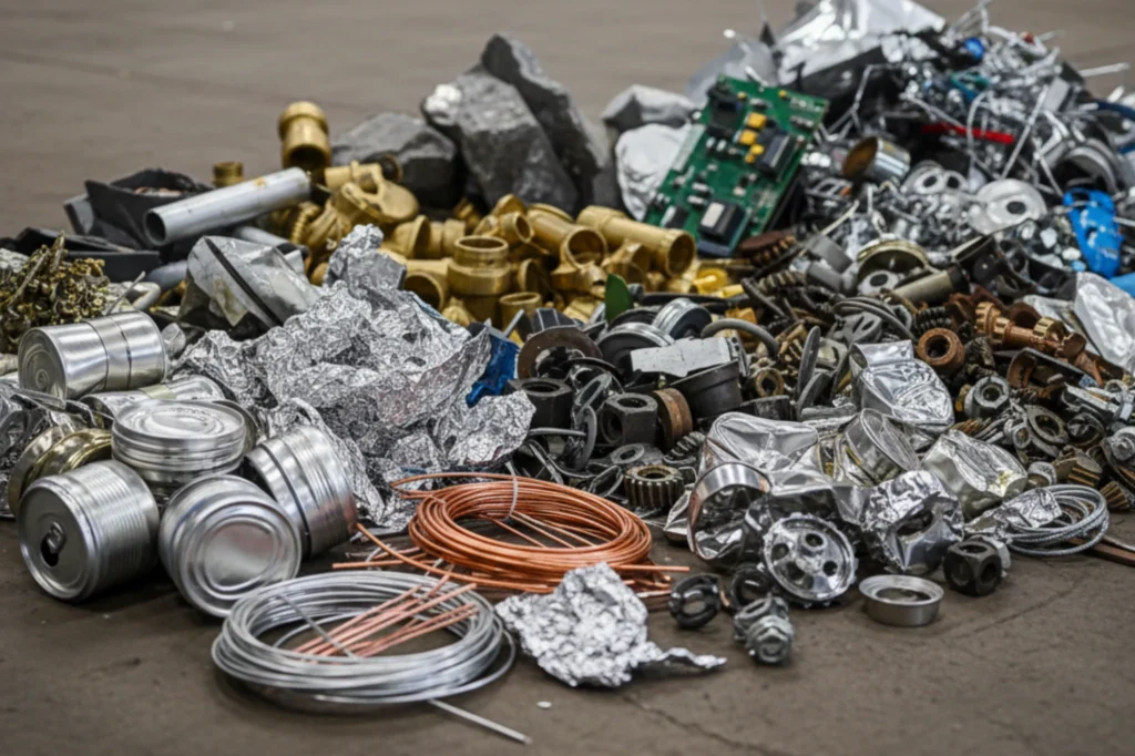 Diversos materiales metálicos clasificados para su recuperación: aluminio, cobre, acero y latas.