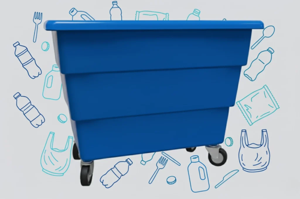 Contenedor azul reciclaje destinado al acopio de envases y plásticos reciclables en programas ambientales urbanos.