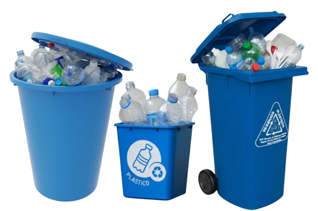 Contenedores color azul para residuos plásticos, ideales para fortalecer la cultura de separación y reciclaje urbano.
