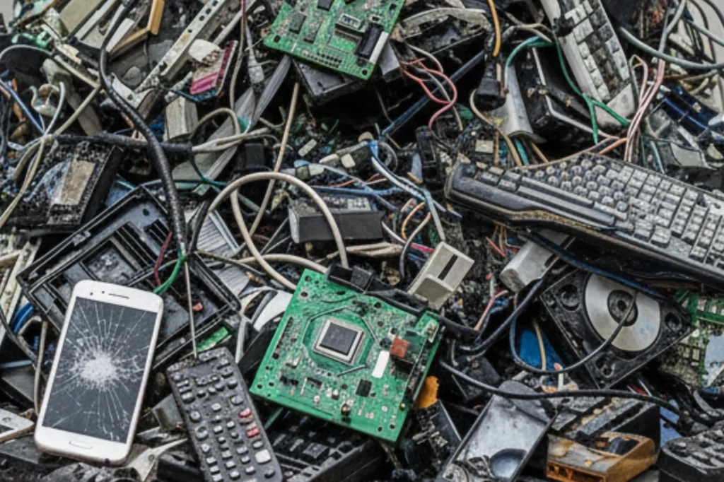 Desechos electrónicos como teclados, celulares y circuitos, considerados materiales de reciclaje especializado.