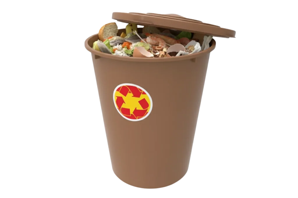 Contenedor marrón lleno de residuos orgánicos, ejemplo del uso europeo que suele generar confusión con el sistema mexicano.