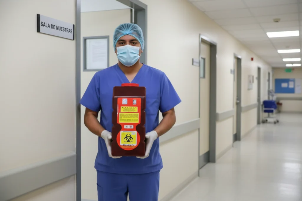 Recipiente rojo para residuos biológico-infecciosos sostenido por personal de salud en un pasillo hospitalario.