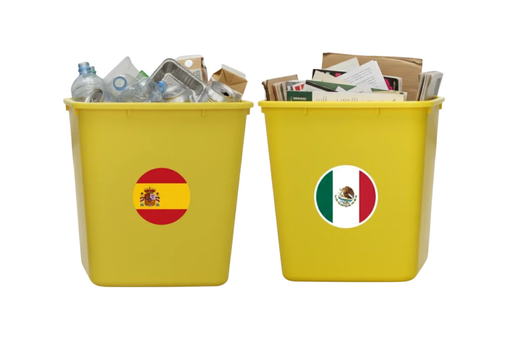 Diferencia entre contenedor amarillo de España y contenedor amarillo de México, cada uno con distintos materiales reciclables.