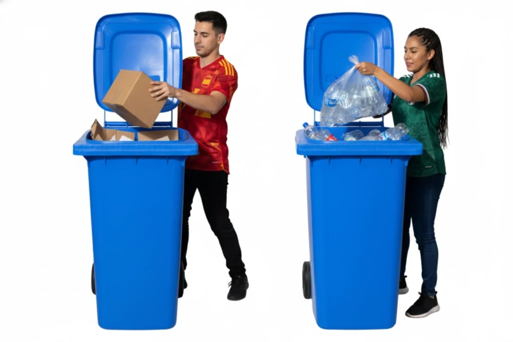 Personas dando a entender que existe una diferencia entre el reciclaje en España con el reciclaje en México con el contenedor color azul