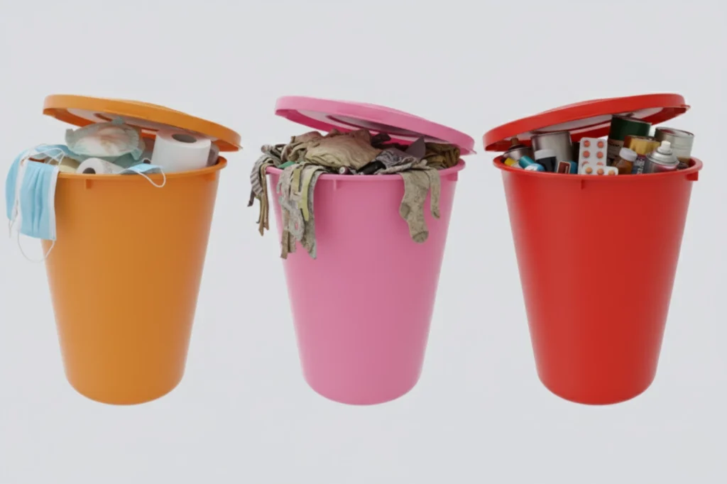 Contenedores naranjas, rosas y rojos con diferentes tipos de residuos reciclables como sanitarios, textiles y peligrosos.