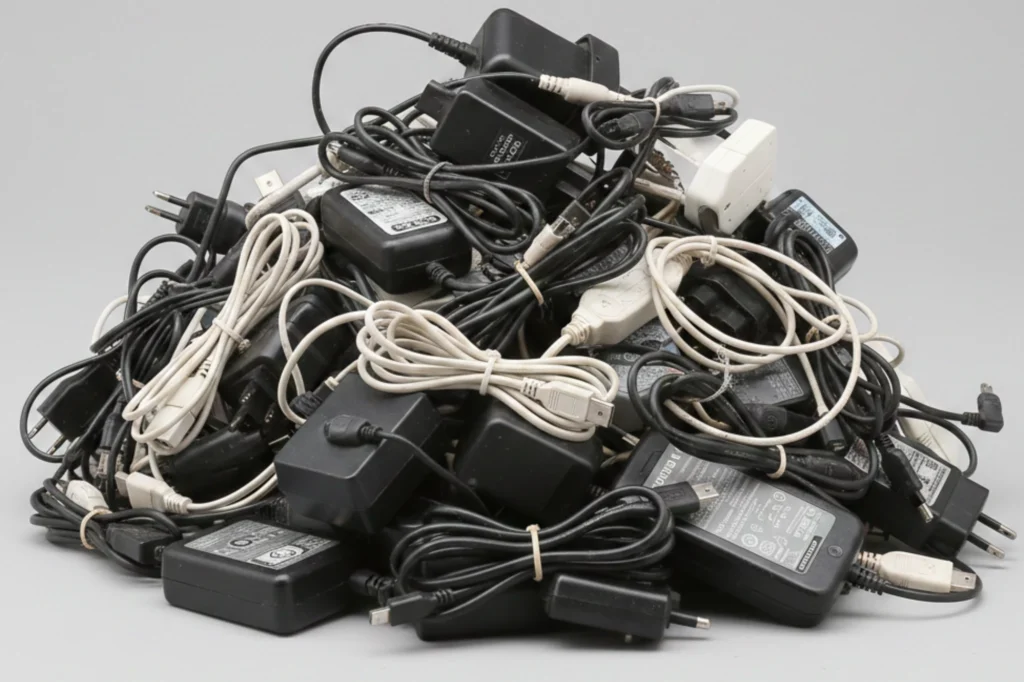 Montón de cables de cargador obsoletos acumulados como residuos electrónicos.