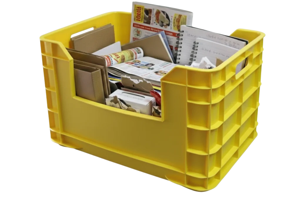 Caja amarilla para recolección de papel y cartón reciclable en espacios domésticos o de oficina