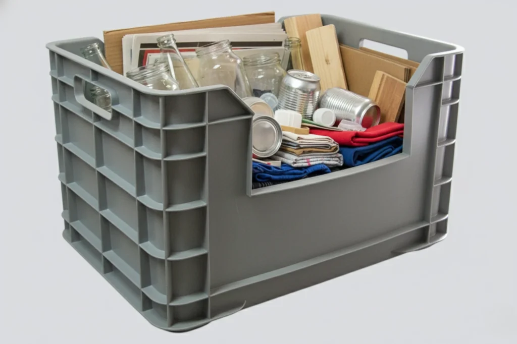 Contenedor gris con vidrio, cartón, madera y textiles listos para reciclar dentro de una caja de almacenamiento.