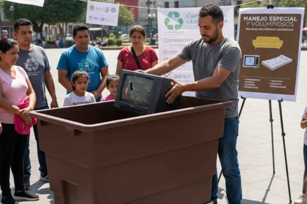 Contenedor café para recolección de residuos especiales, utilizado en programas comunitarios de reciclaje en México.