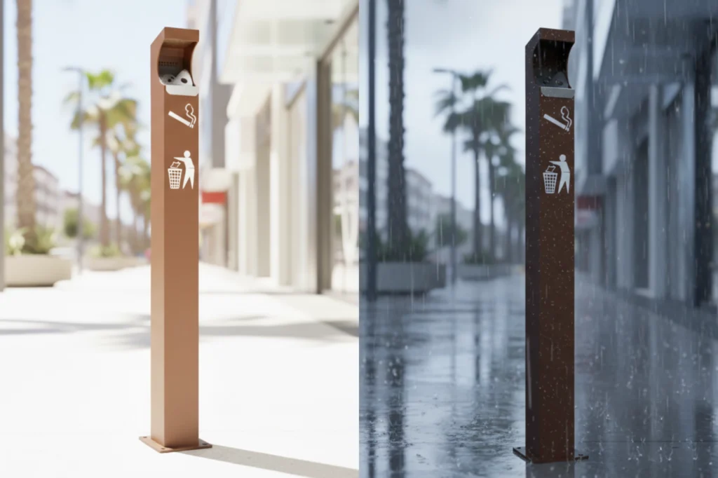 Cenicero resistente instalado en exteriores, diseñado para soportar condiciones de lluvia y sol, ideal para la disposición de filtros de tabaco.