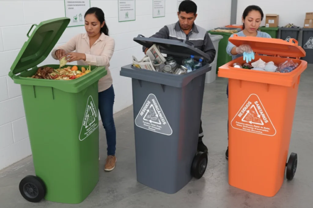 Personas separando residuos reciclables en contenedores verdes, grises y naranjas dentro de un centro de acopio.