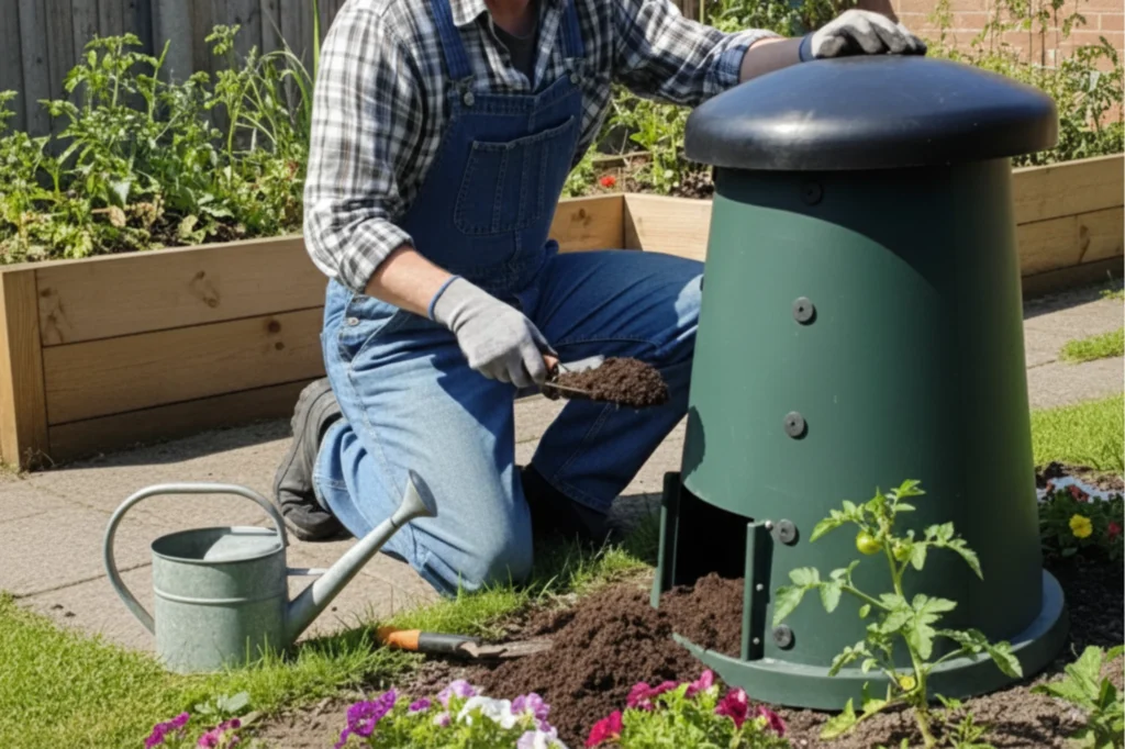 Persona utilizando un compostador verde para transformar residuos orgánicos en abono natural.